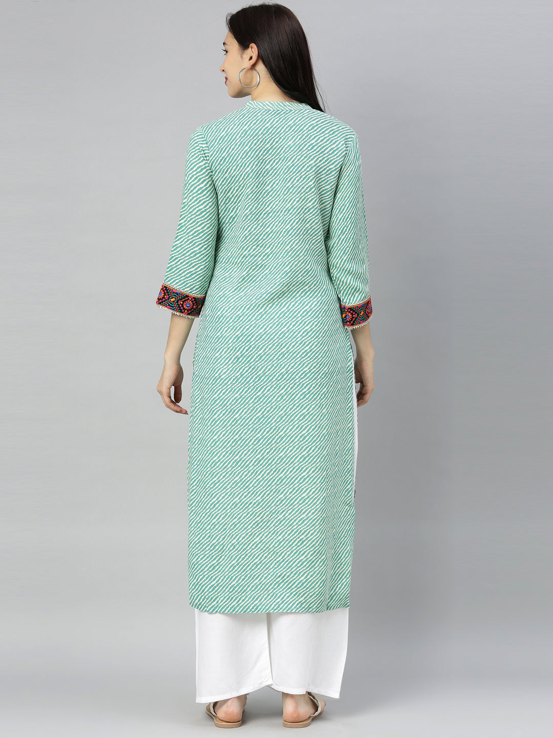 Neerus Green striped printed straight kurta - detail view 4
