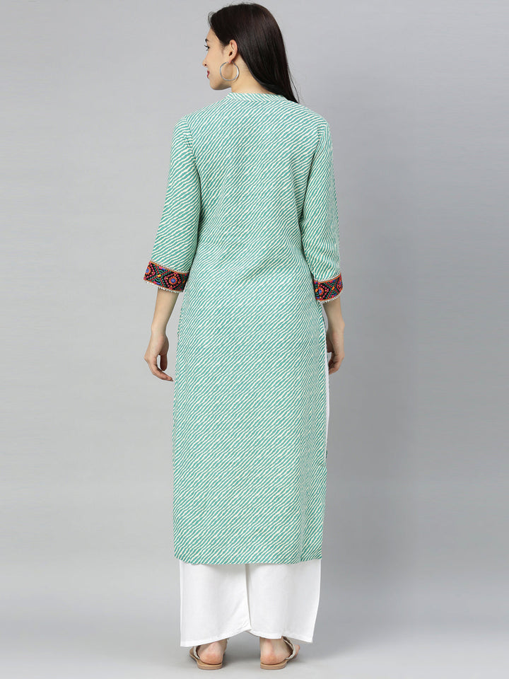 Neerus Green striped printed straight kurta - detail view 4