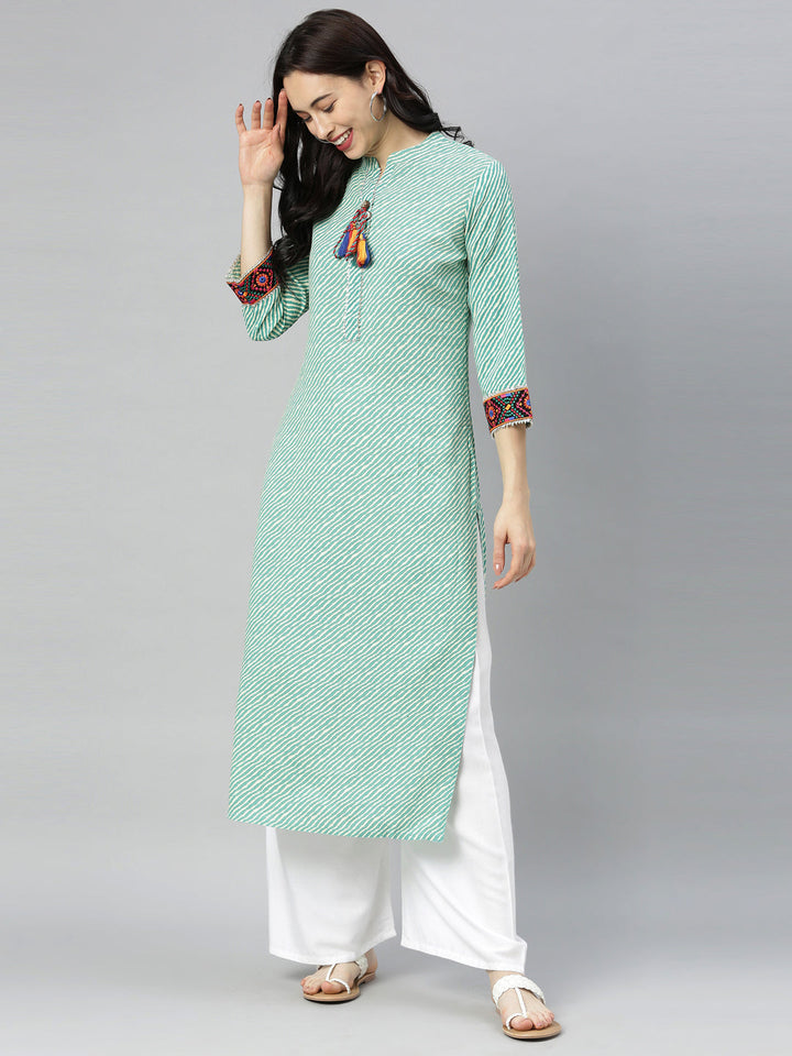 Neerus Green striped printed straight kurta - detail view 5