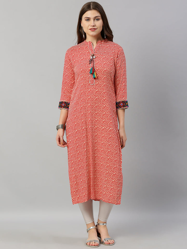 Neerus Red cotton printed straight kurta - front view