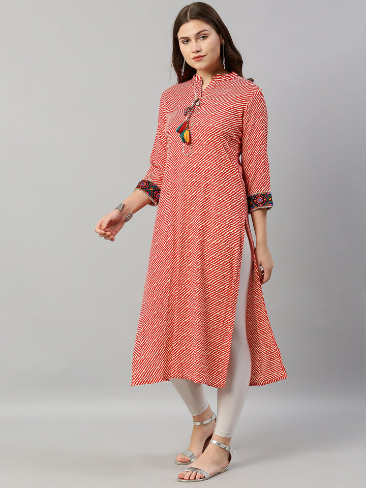 Neerus Red cotton printed straight kurta - detail view 1