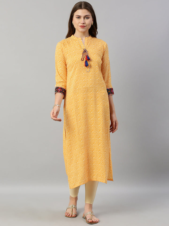 Neerus Yellow cotton printed straight kurta - front view