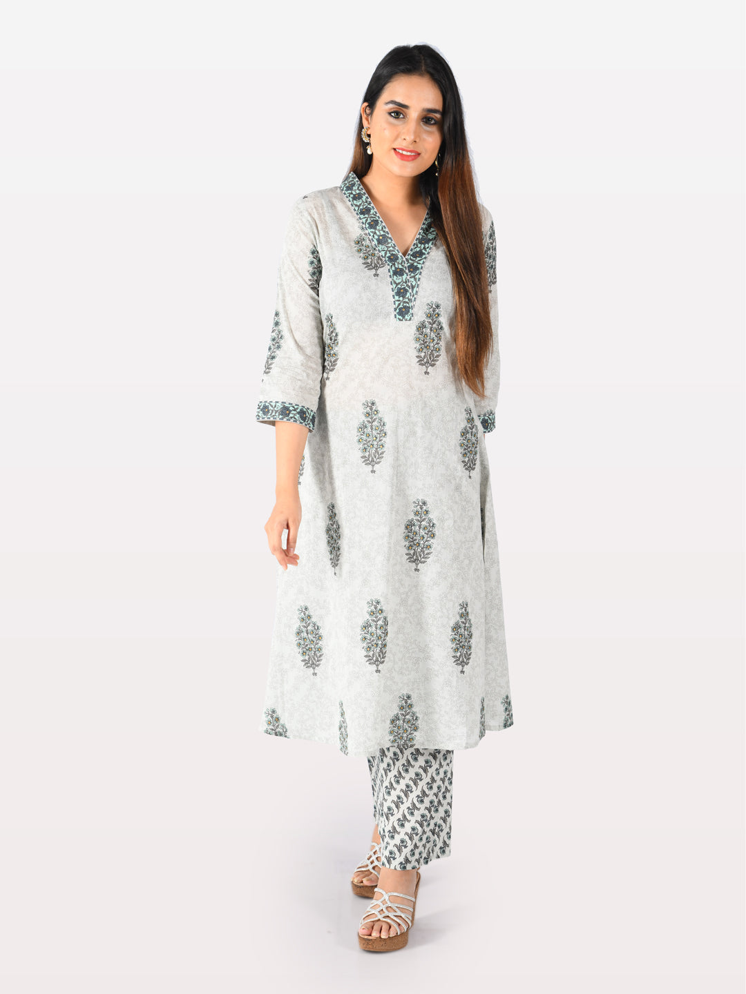 Neerus Grey cotton printed A-Line kurta - front view