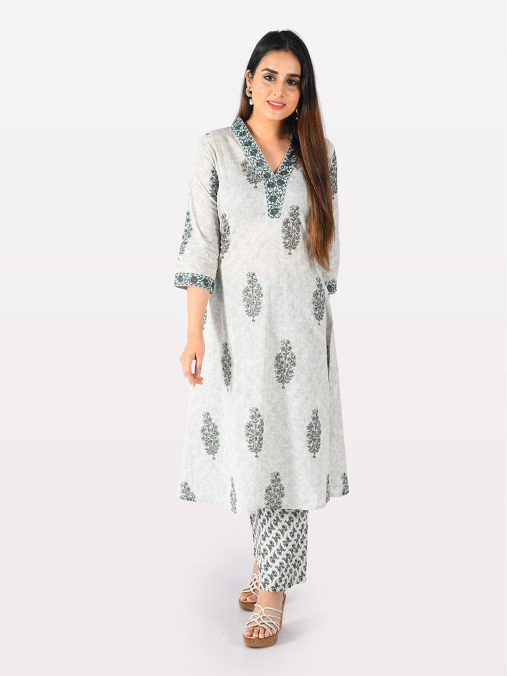 Neerus Grey cotton printed A-Line kurta - front view