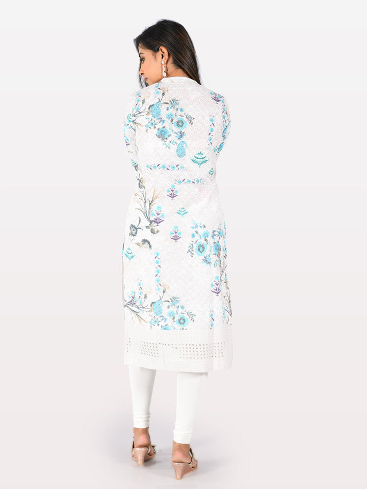 Neerus Grey cotton printed A-Line kurta - back view
