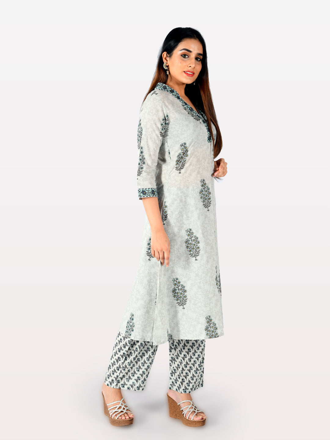 Neerus Grey cotton printed A-Line kurta - side view