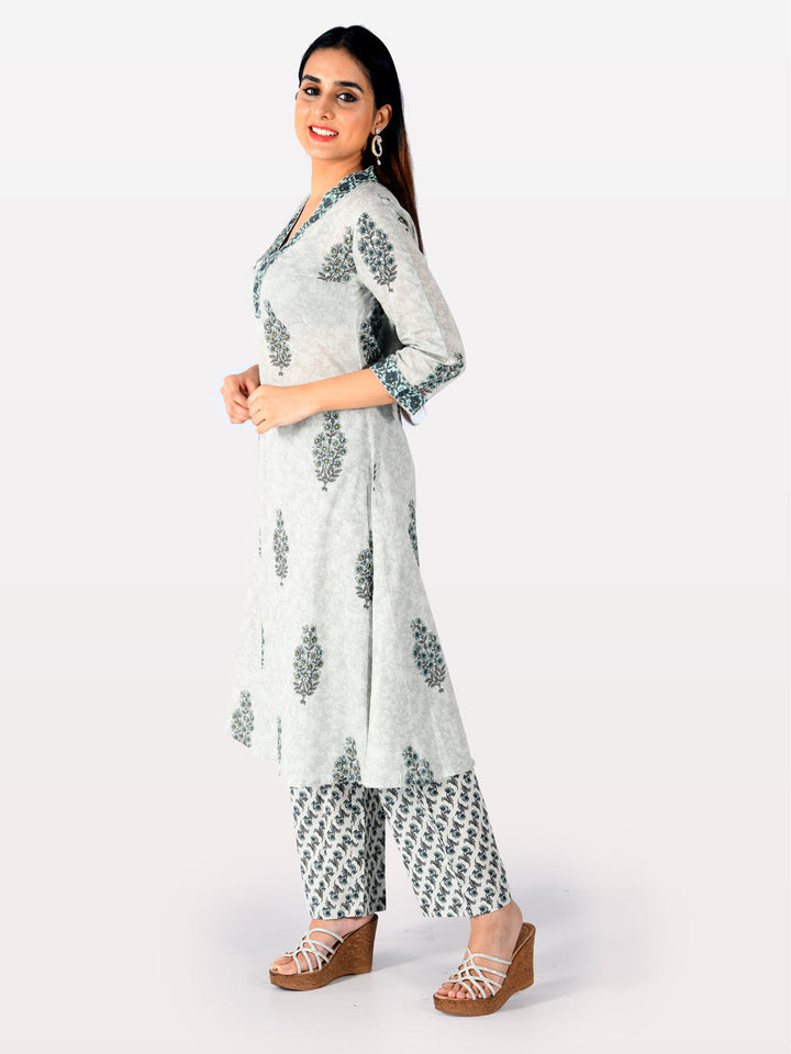 Neerus Grey cotton printed A-Line kurta - detail view 1