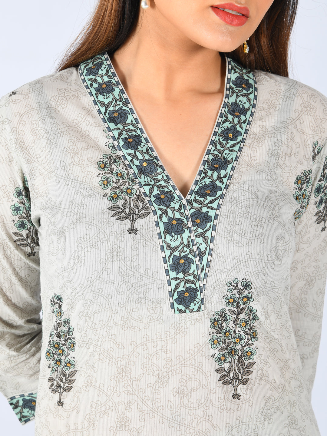 Neerus Grey cotton printed A-Line kurta - detail view 2