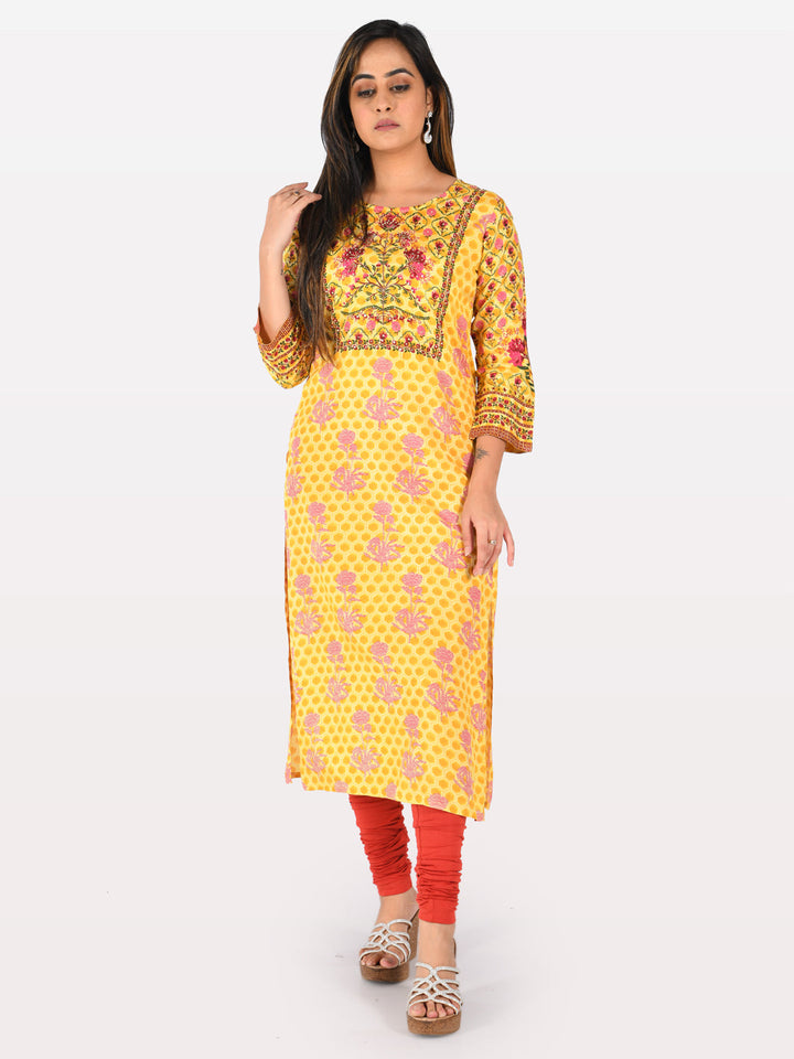 Neerus Yellow printed straight kurta - front view
