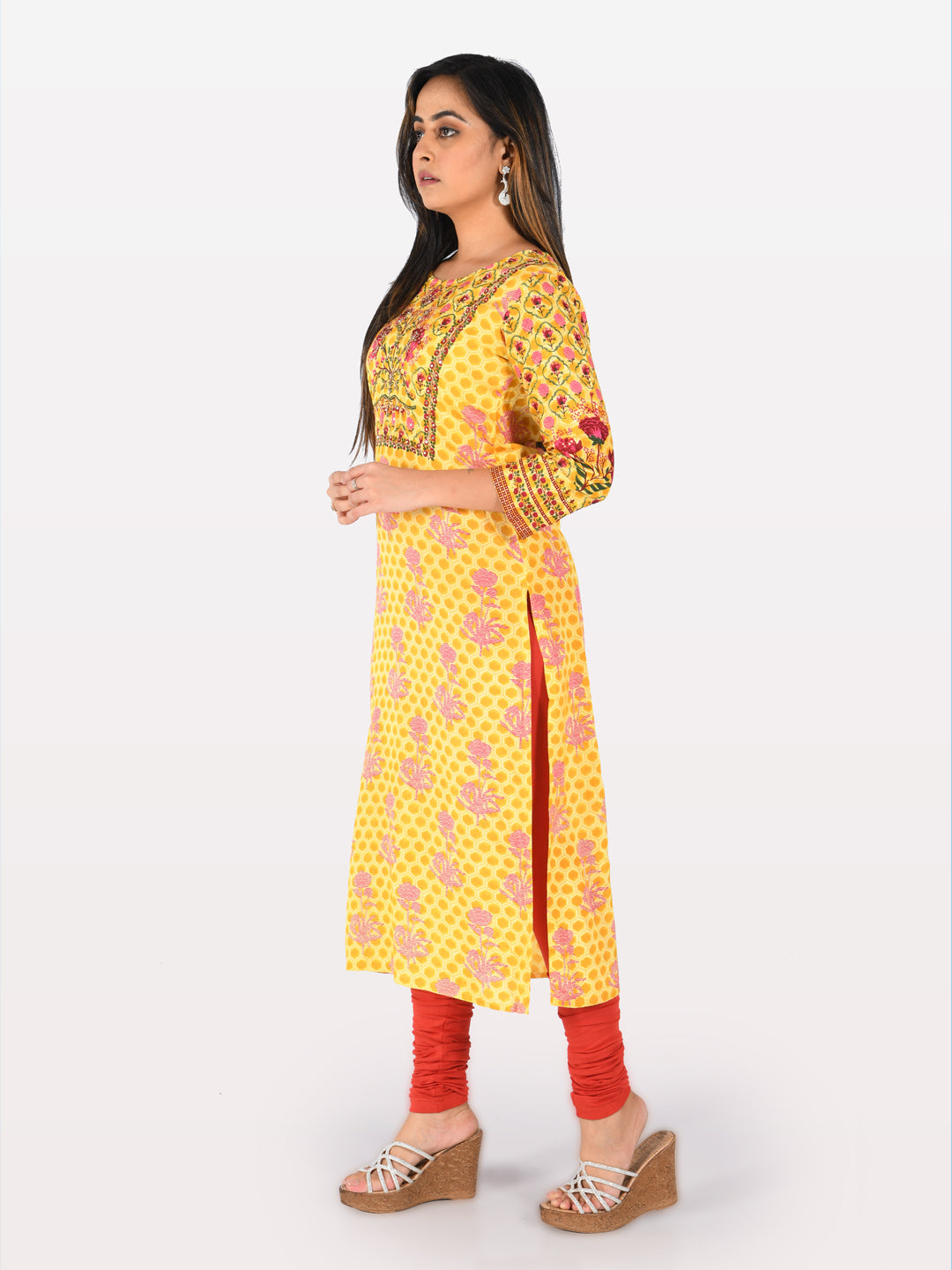 Neerus Yellow printed straight kurta - back view