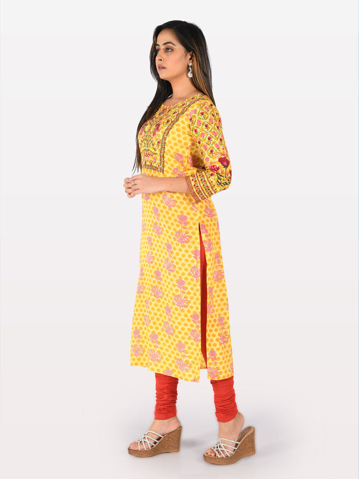 Neerus Yellow printed straight kurta - back view