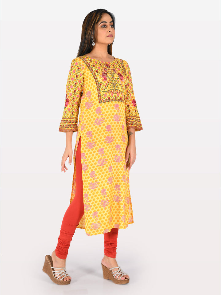 Neerus Yellow printed straight kurta - side view