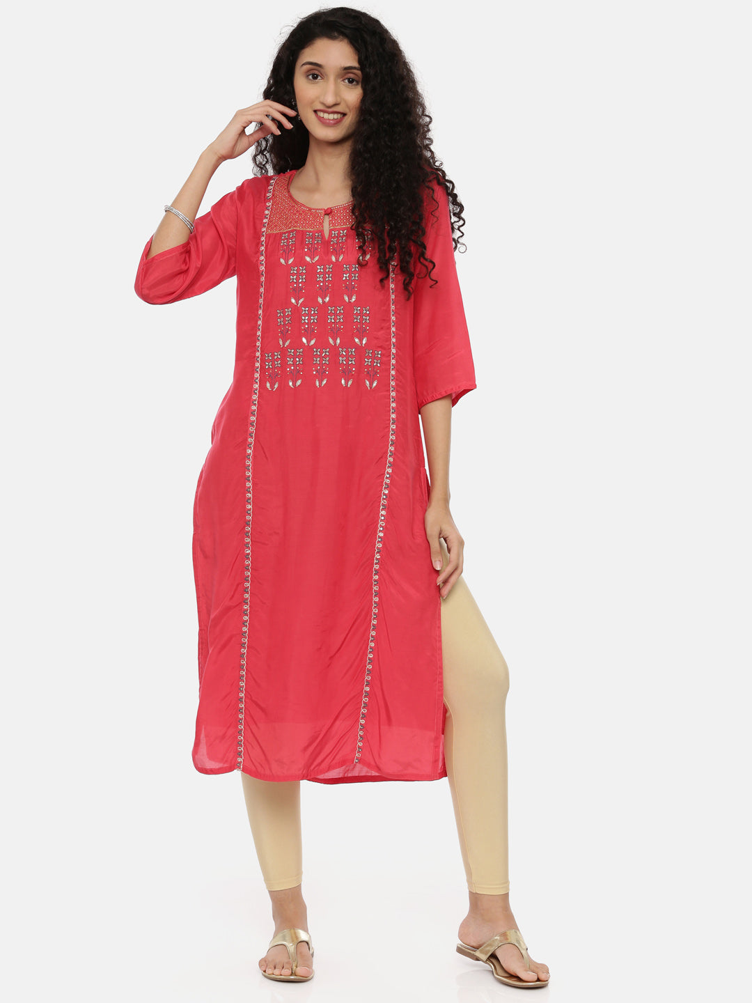 Neerus Pink muslin embellished straight kurta - back view