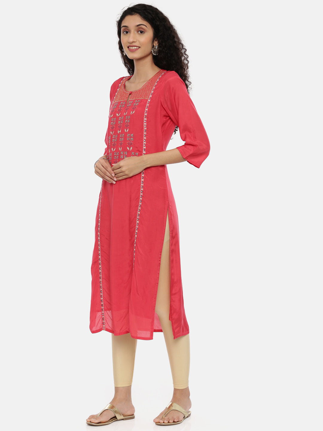 Neerus Pink muslin embellished straight kurta - front view
