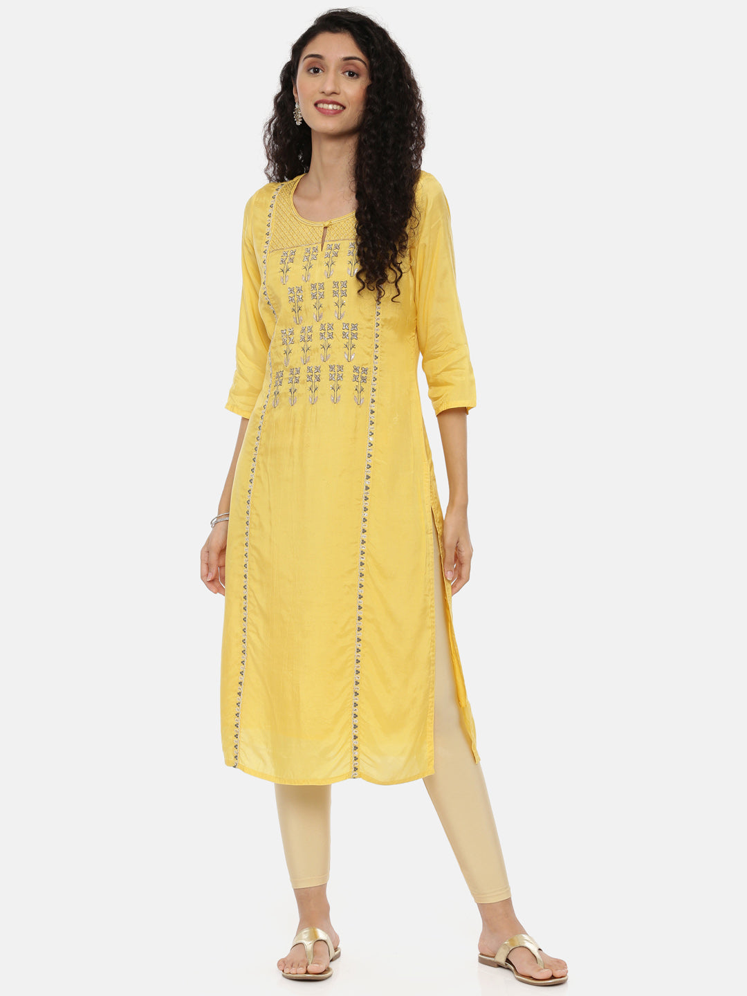 Neerus Yellow muslin woven straight kurti - front view