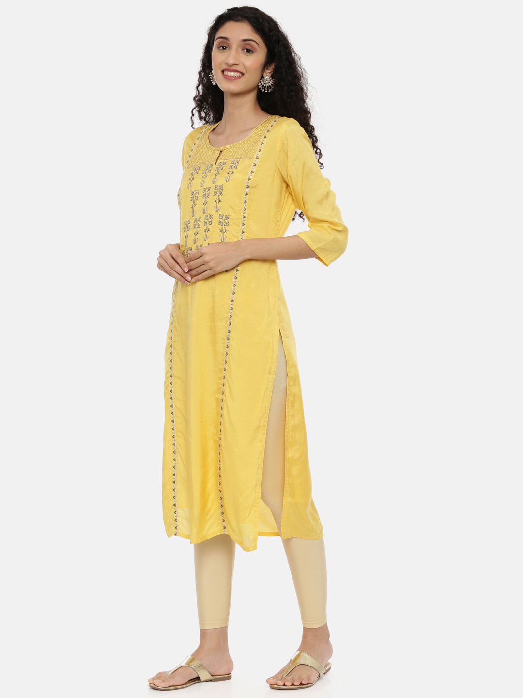 Neerus Yellow muslin woven straight kurti - side view
