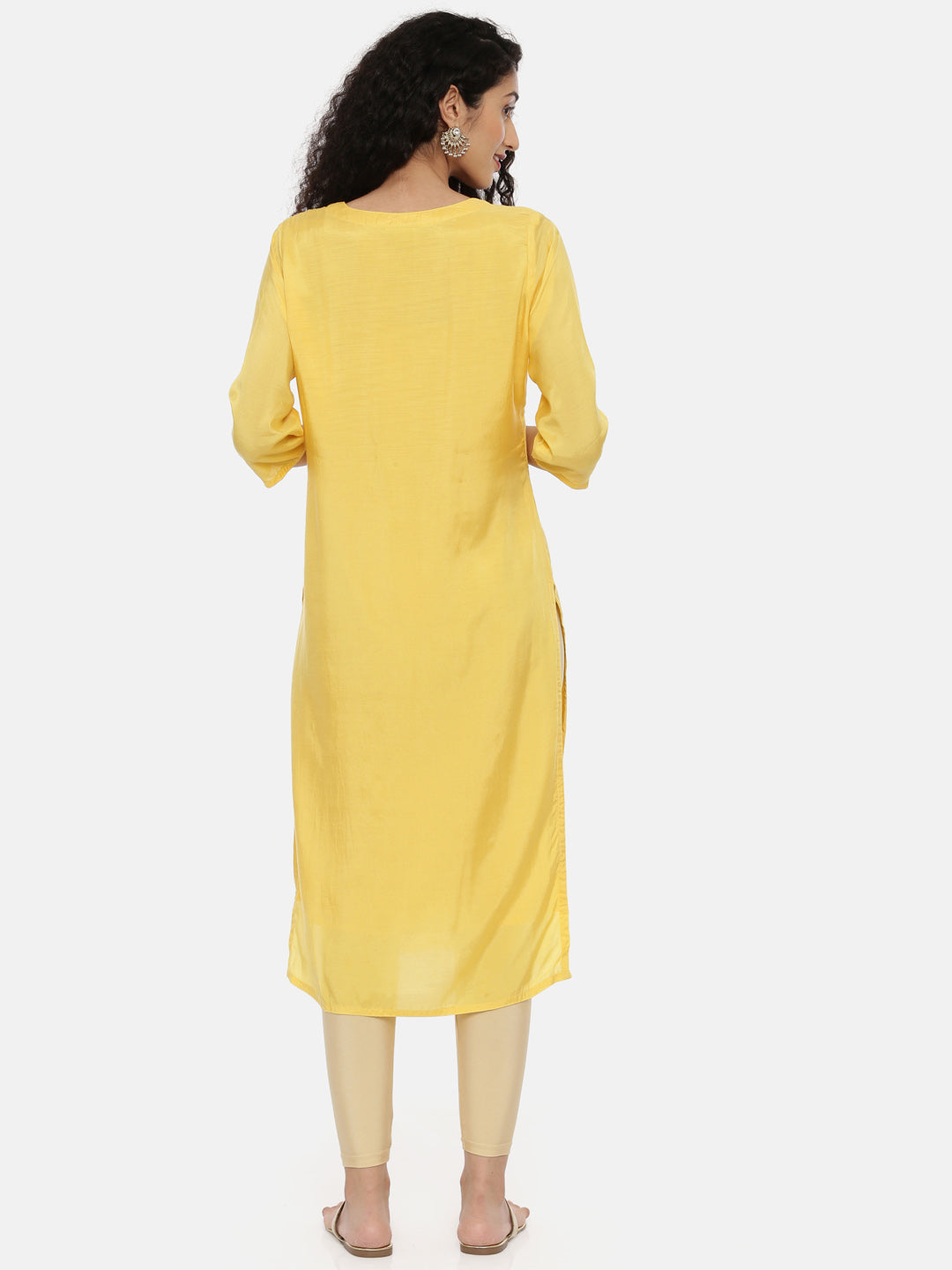 Neerus Yellow muslin woven straight kurti - detail view 1
