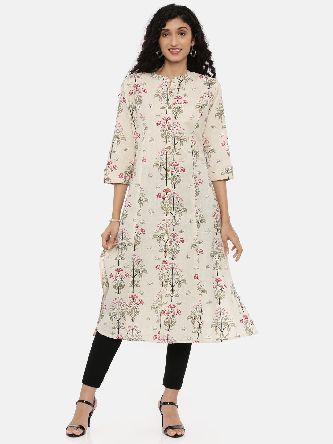 Neerus Beige cotton printed A-line kurti - front view