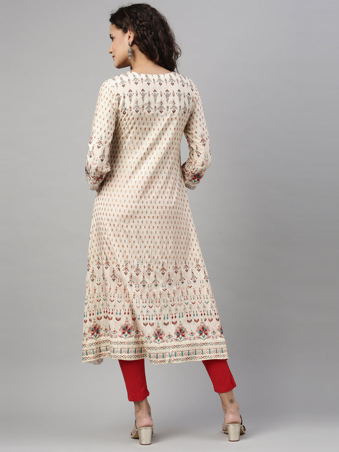 Neerus Cream shantoon printed A-line kurta - back view