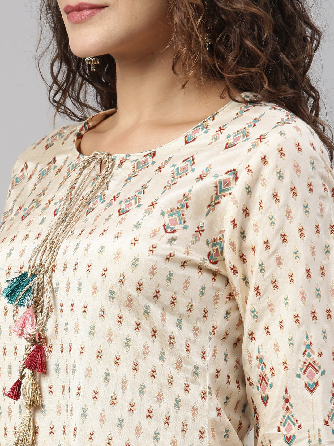 Neerus Cream shantoon printed A-line kurta - side view