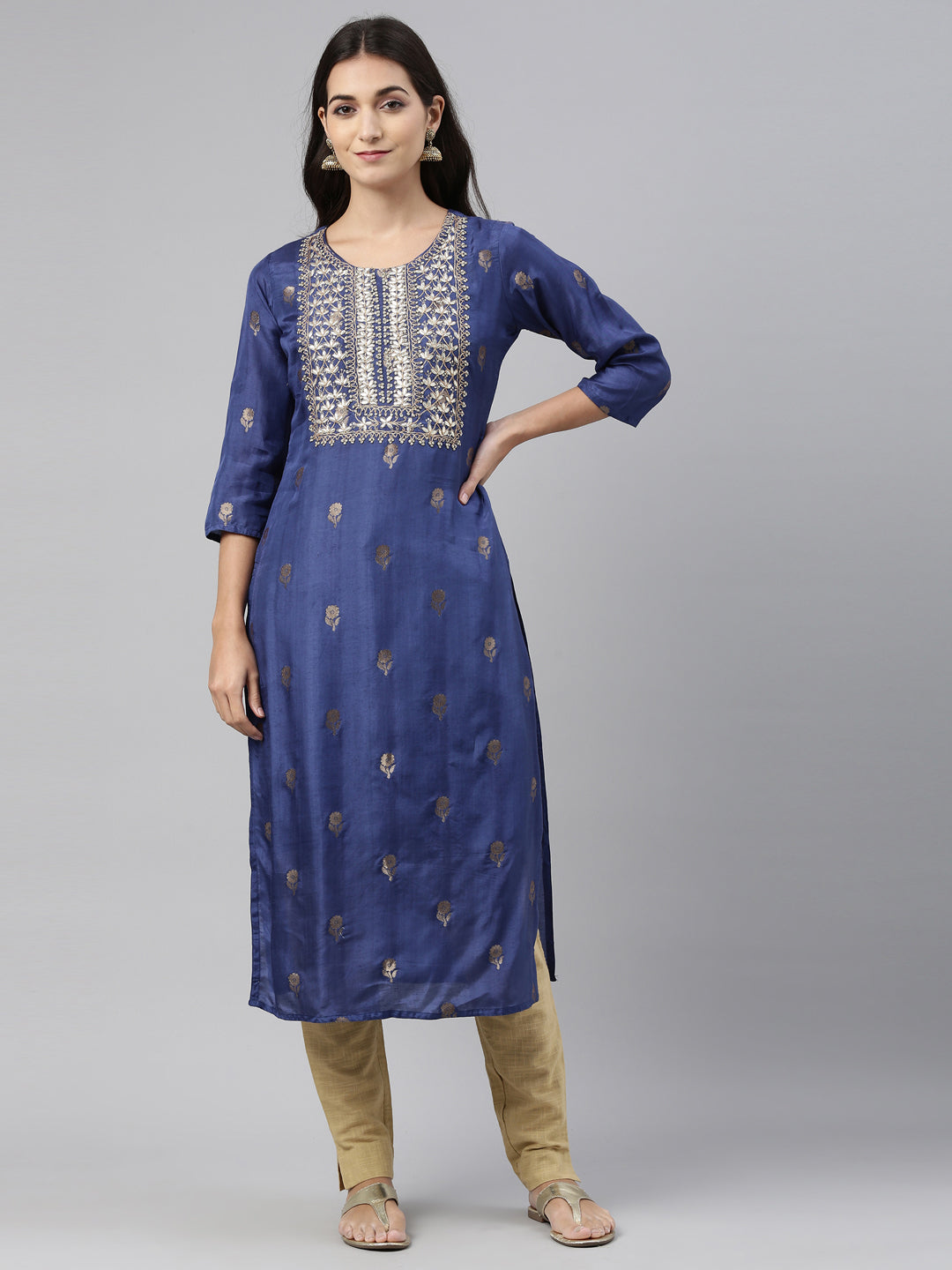 Neerus Blue shantoon printed kurti - front view