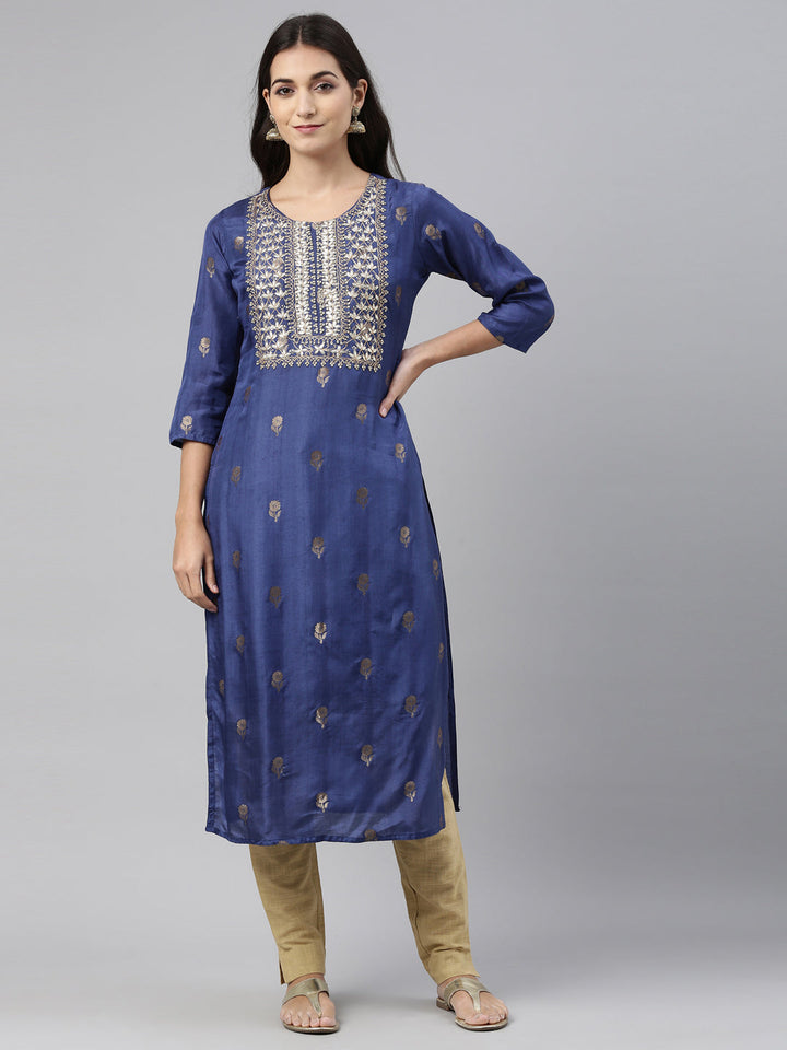 Neerus Blue shantoon printed kurti - front view