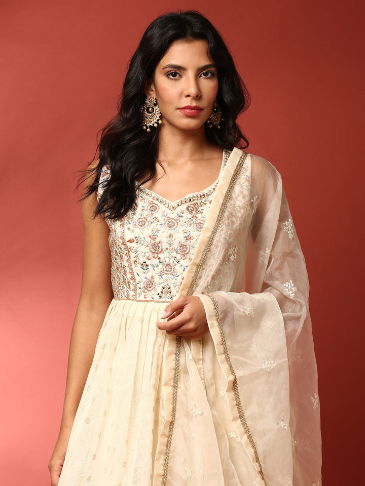 Neerus Beige tissue Anarkali suit set - back view