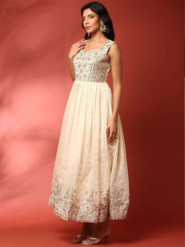 Neerus Beige tissue Anarkali suit set - side view