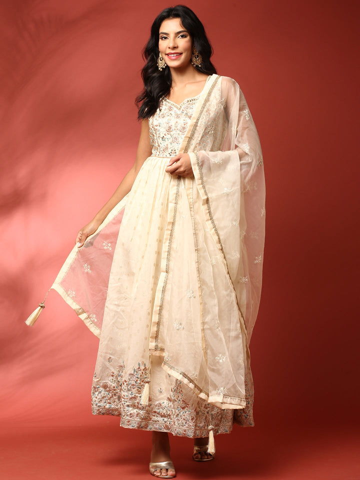 Neerus Beige tissue Anarkali suit set - front view