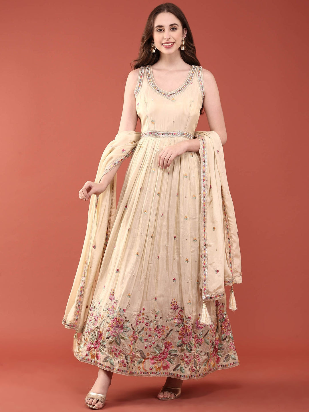Neerus White tissue embroidered Anarkali suit set - back view