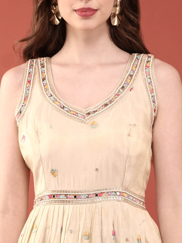 Neerus White tissue embroidered Anarkali suit set - detail view 2