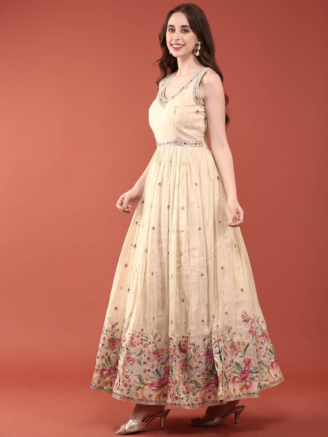 Neerus White tissue embroidered Anarkali suit set - side view