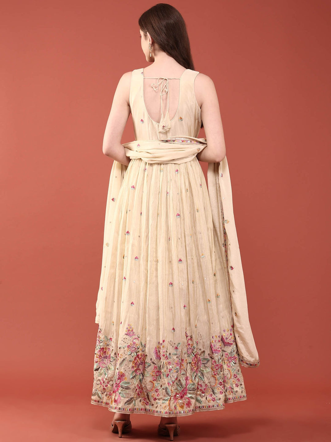 Neerus White tissue embroidered Anarkali suit set - detail view 1