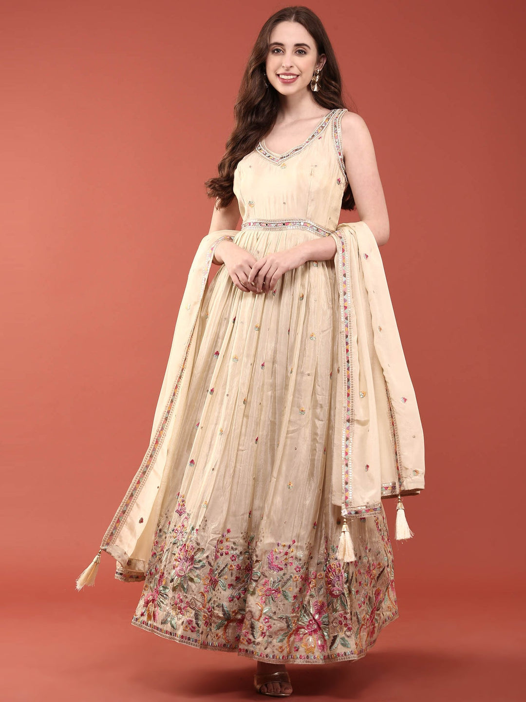 Neerus White tissue embroidered Anarkali suit set - front view