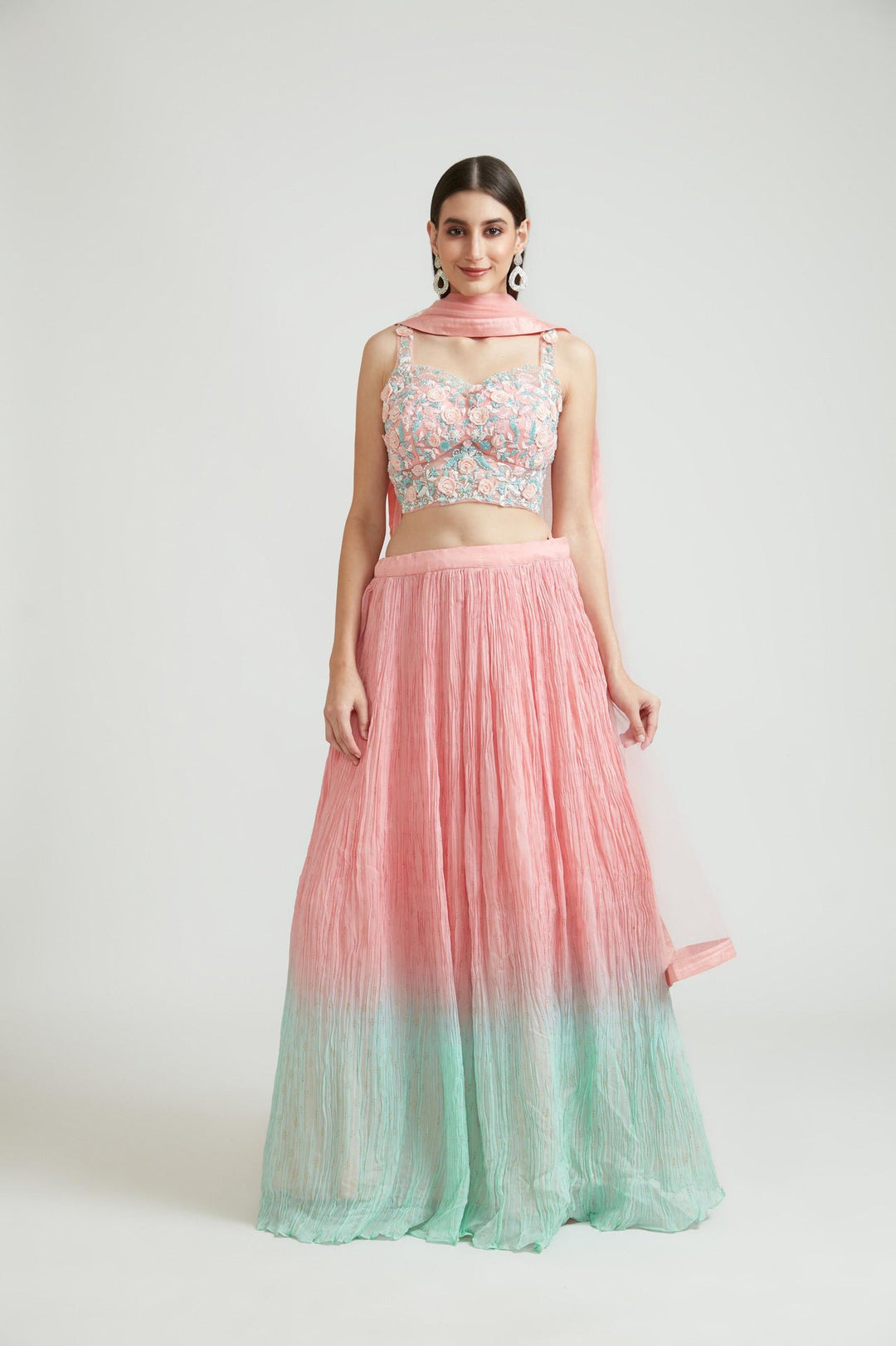 Neerus Pink georgette embellished lehenga choli set - front view