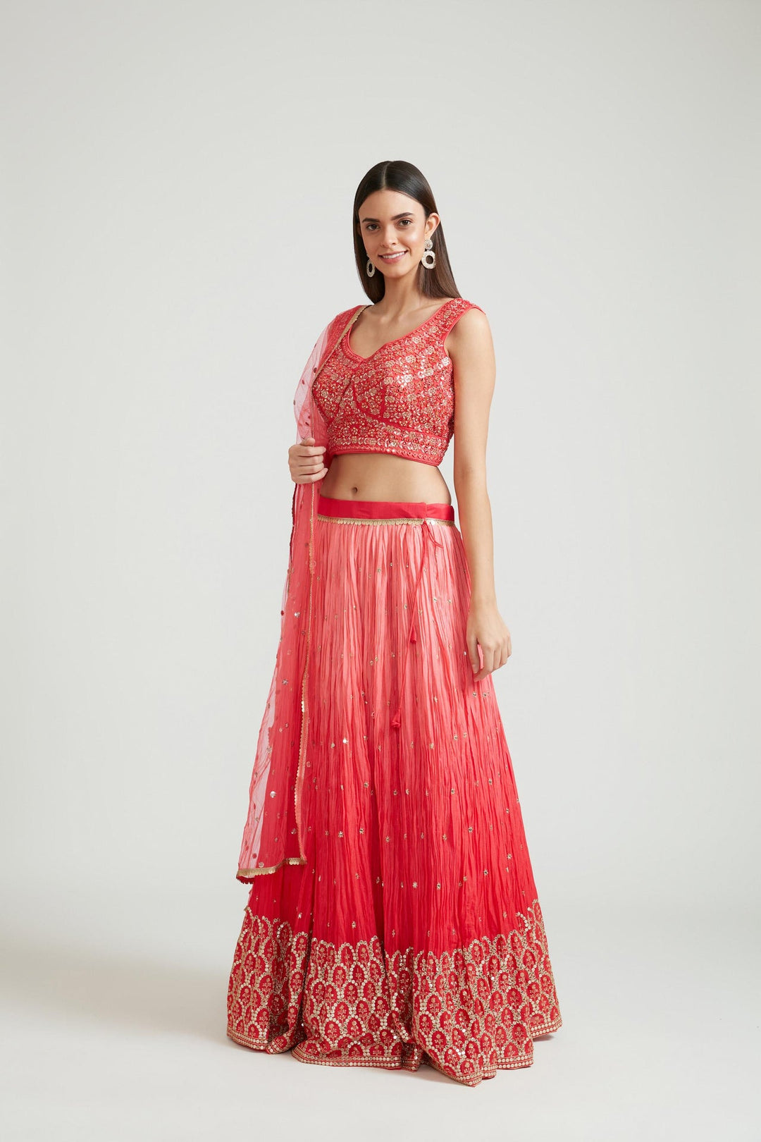 Neerus Red silk lehenga choli set - front view