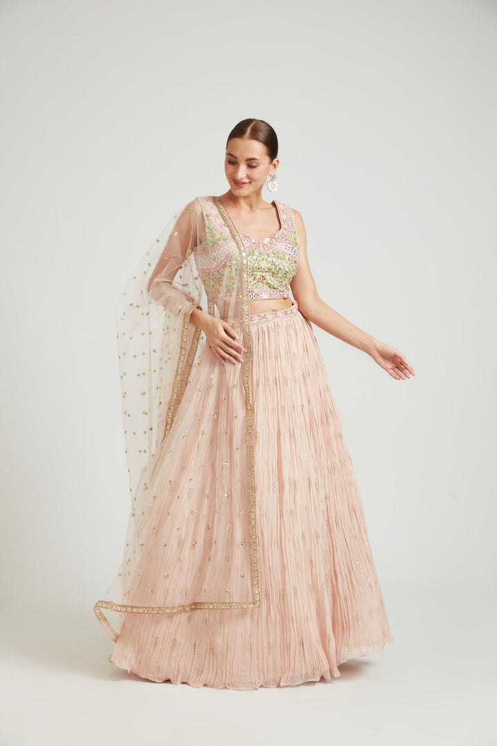 Neerus Orange georgette embellished lehenga choli - front view