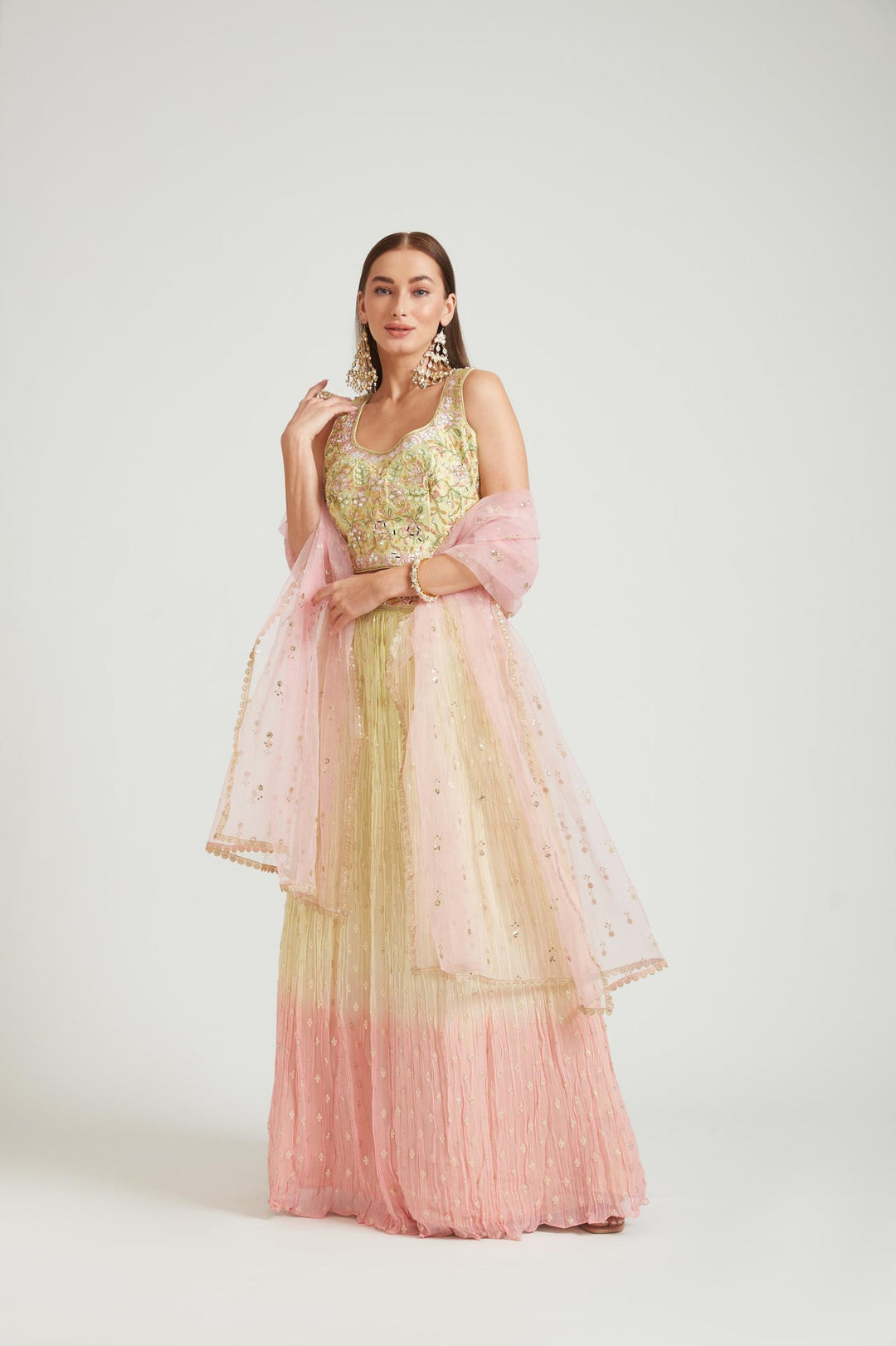 Neerus Yellow georgette embellished lehenga choli set - front view