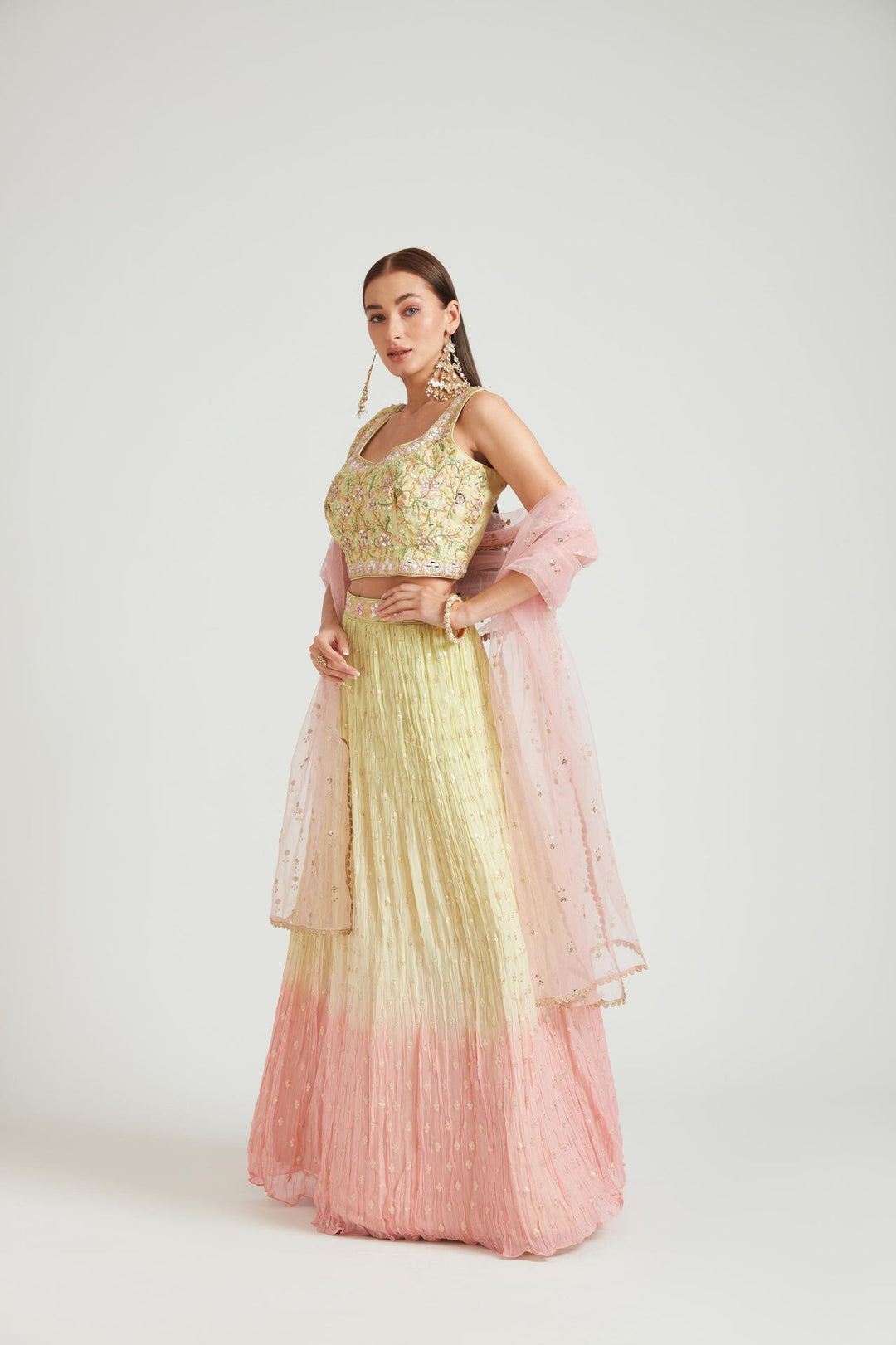 Neerus Yellow georgette embellished lehenga choli set - back view