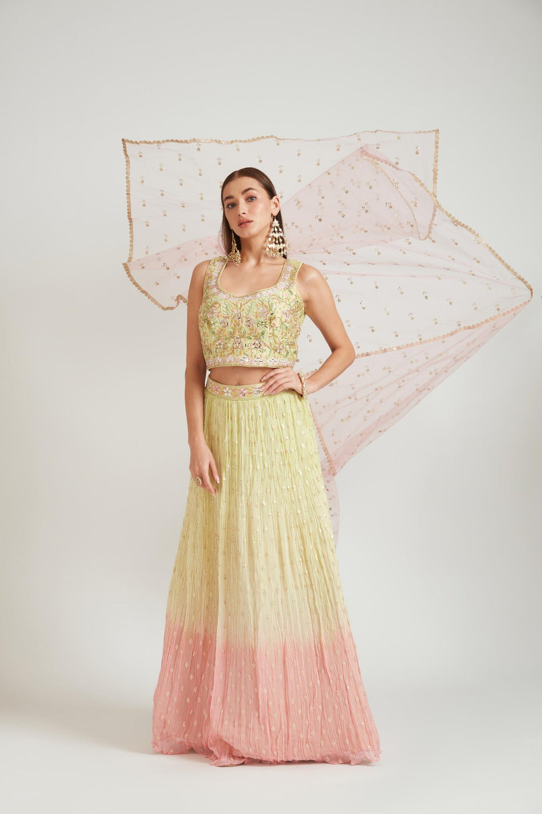 Neerus Yellow georgette embellished lehenga choli set - side view