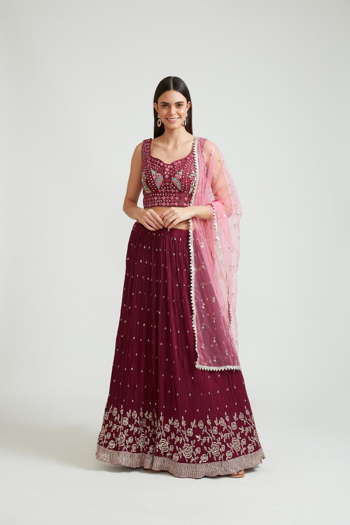 Neerus Maroon Georgette Embellished Lehenga Choli Set - front view