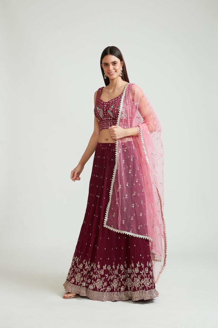 Neerus Maroon Georgette Embellished Lehenga Choli Set - back view