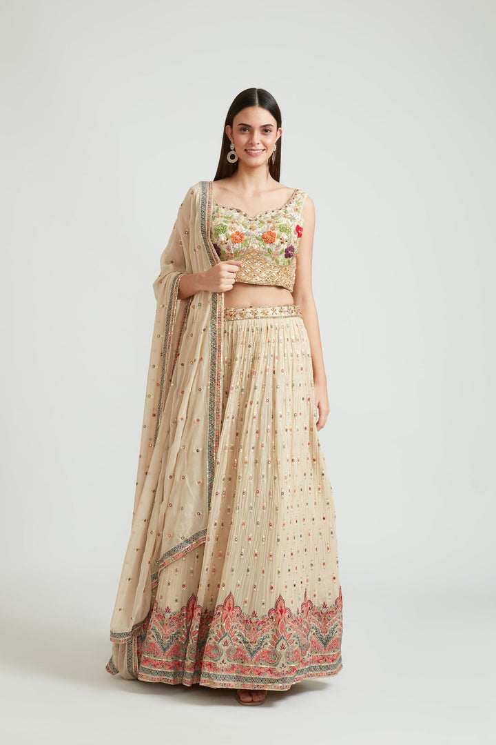 Neerus Beige georgette embellished lehenga choli set - front view