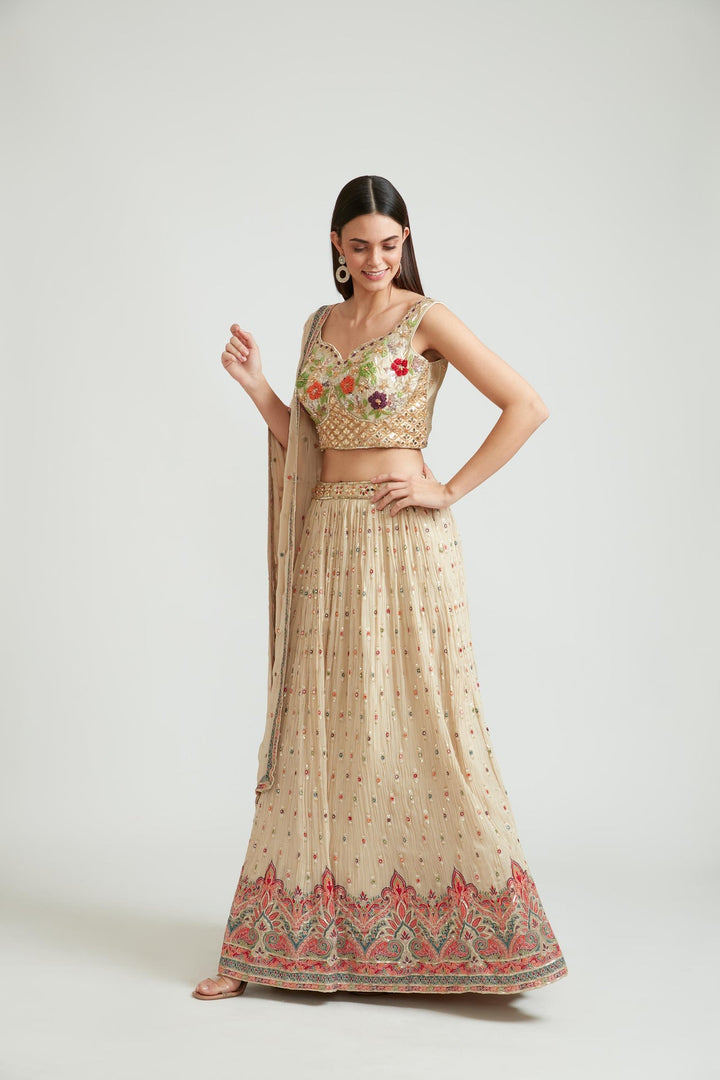 Neerus Beige georgette embellished lehenga choli set - back view