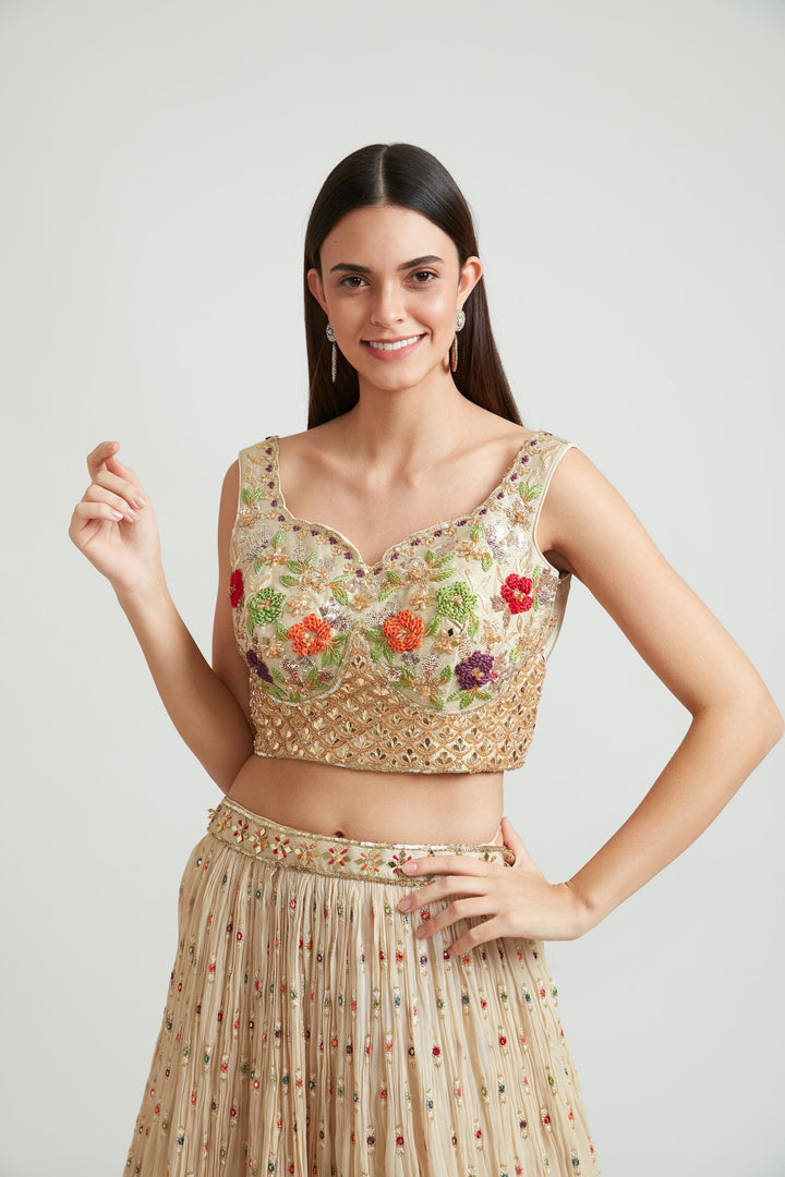 Neerus Beige georgette embellished lehenga choli set - side view
