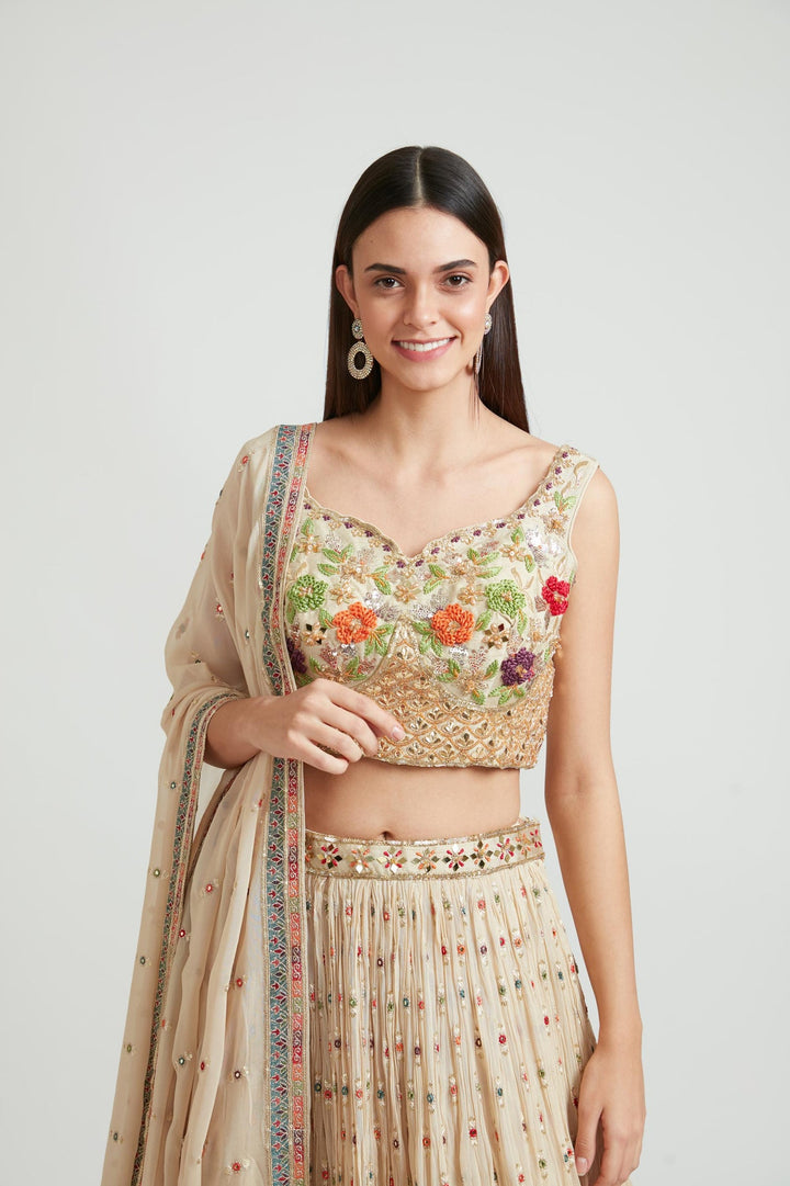 Neerus Beige georgette embellished lehenga choli set - detail view 4