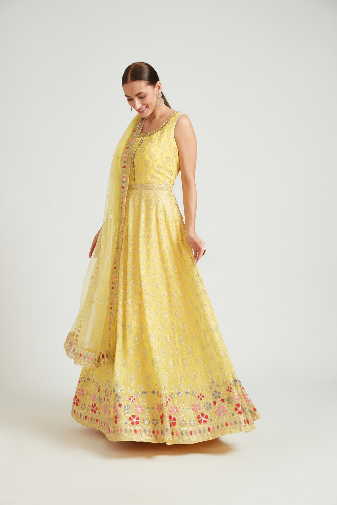 Neerus Yellow Georgette Printed Kurta Set - front view