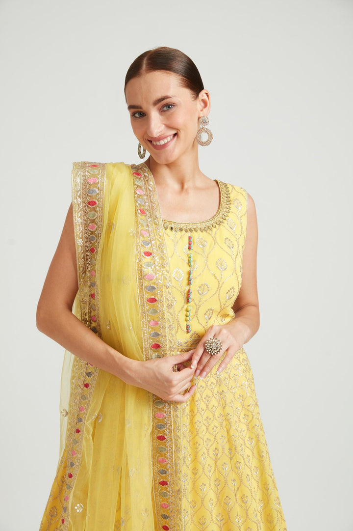Neerus Yellow Georgette Printed Kurta Set - back view