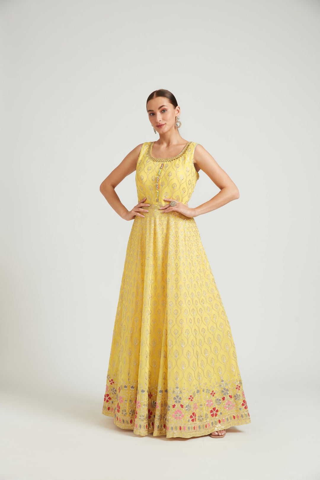 Neerus Yellow Georgette Printed Kurta Set - side view