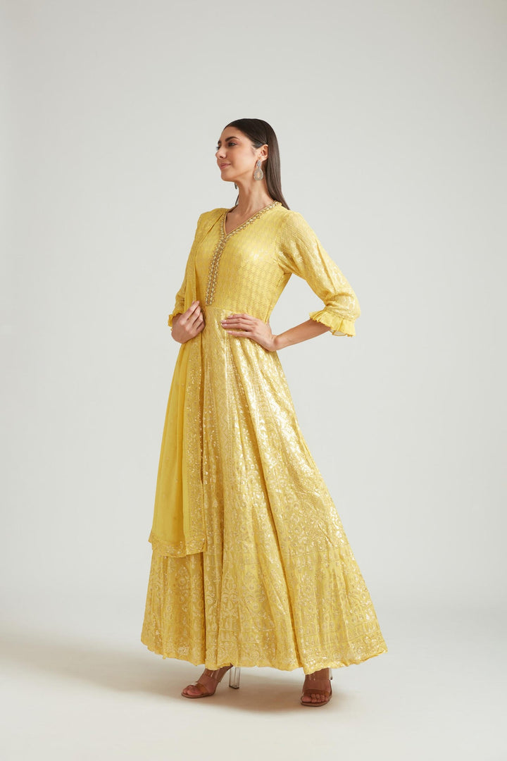 Neerus Yellow georgette printed kurta set - back view